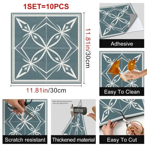 Miniatura 3 de HOMETITUTE 10 piezas 12x12 pulgadas Azul floral nórdico patrón de silueta azulejos de piso de despegar y pegar removibles autoadhesivos adhesivo