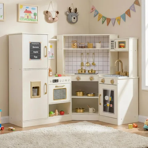 Miniatura 11 de HONEY JOY Juego de cocina esquinera para niños, cocina de madera definitiva para niños pequeños, lavadora, máquina de hielo, fregadero, microondas