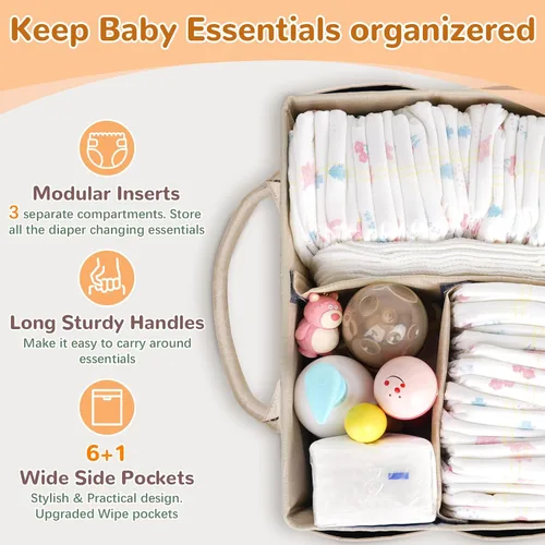 Miniatura 4 de Volnamal Organizador de pañales con dispensador de toallitas con acceso con una sola mano, organizador de pañales de alta calidad, organizador Beige