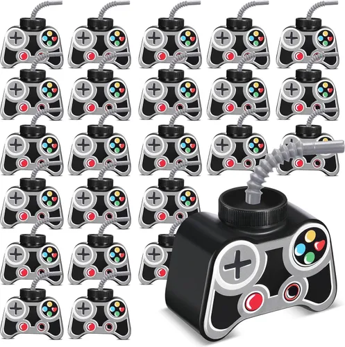 Mifoci 24 vasos de plástico para fiestas de videojuegos con pajita y tapa, tazas de 10 onzas con temática de cumpleaños para jugadores, 7º recuerdos