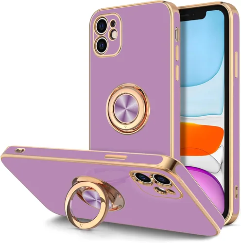 Miniatura 8 de Hython Funda para iPhone 11 con soporte de anillo [soporte de anillo giratorio de 360° con soporte magnético] [borde de oro rosa chapado en brillo]