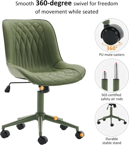 Miniatura 5 de YOUNIKE Silla de oficina ergonómica de piel sintética verde oliva, sin brazos, cómoda silla de escritorio con respaldo mecedor, bonita silla
