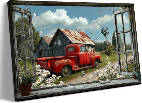 Miniatura 8 de Decoración rústica de granja en lienzo con ventana abierta, impresiones artísticas para pared, pintura de camión viejo, lienzo de granero y bandera