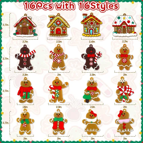 Miniatura 2 de 16 piezas de adornos de hombre de jengibre para árbol de Navidad, decoraciones navideñas de pan de jengibre con adorno de casa de pan de jengibre