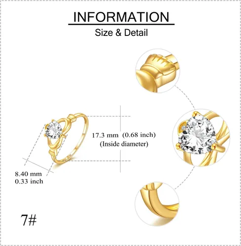 Miniatura 4 de ELFRONT Anillo de corazón de Claddagh irlandés de oro macizo de 14 quilates, joyería celta con moissanita para mujer, lealtad, promesa, compromiso
