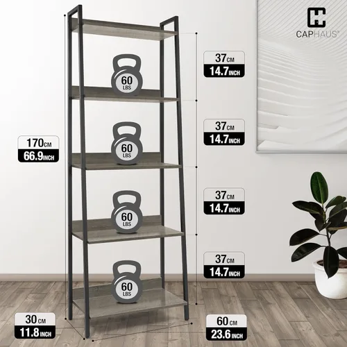 Miniatura 3 de CAPHAUS Estantería con Escalera de 5 Niveles, Estante Independiente de 24 Pulgadas de Ancho, Estantería Librero Organizador de Almacenamiento, Gris