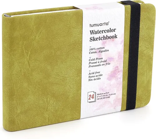 tumuarta Cuaderno de bocetos de acuarela, 140 libras, 300 GSM, papel 100% algodón, prensa en frío, 24 hojas, 48 páginas, diario de acuarela para uso