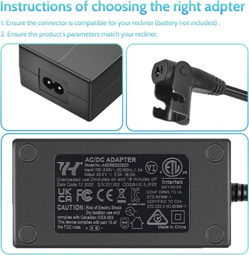 Miniatura 6 de Fuente de alimentación reclinable Sopito Wide AC/DC 100-240V - con cable de extensión de 6.6 pies, transformador de 29 V 2 A, conector de 2 pines