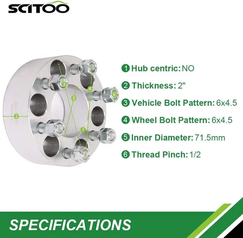 Miniatura 2 de SCITOO 4 espaciadores de rueda de 2 pulgadas y 1.969 in de 6 x 4.5 a 6 x 4.5 pulgadas, 0.236 x 4.500 in a 0.236 x 4.500 in, compatibles con Dakota
