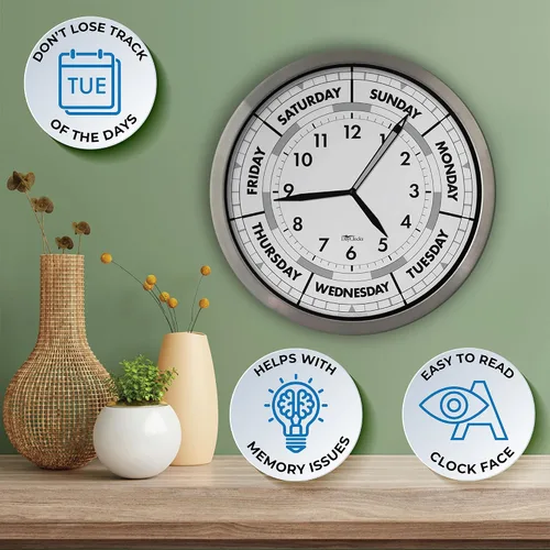 Miniatura 2 de Reloj de pared de hora y día de la semana con marco de aluminio moderno de 12 pulgadas, regalo de jubilación ideal para hombres y mujeres, reloj