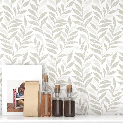 Papel tapiz de hojas para despegar y pegar, bohemio, 17.3 x 78.8 pulgadas, color beige y blanco, papel tapiz autoadhesivo extraíble para baño,