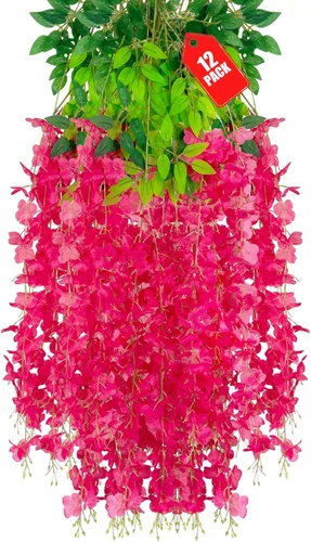 Miniatura 19 de Paquete de 12 flores colgantes de glicina rosa, flores colgantes falsas de 3.44 pies, guirnalda de glicina artificial para decoración de boda, telón