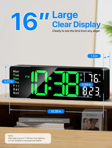 Miniatura 2 de MASHI Reloj de pared digital, reloj digital de pantalla grande de 16 pulgadas con control remoto, reloj de pared con atenuación automática con luz