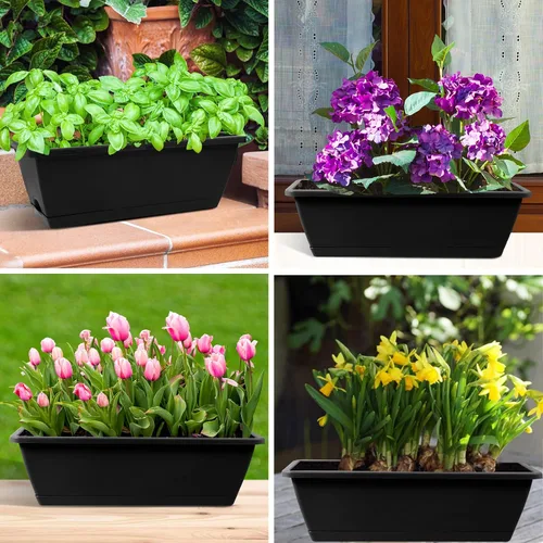Miniatura 5 de 8 maceteros de ventana, cajas de flores para ventana de 17 pulgadas, maceteros rectangulares con agujeros de drenaje y bandejas, macetas de plástico