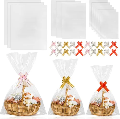 Labeol 50 bolsas de celofán de 3 tamaños, envoltura de celofán para cestas de regalo 24x30 16x24 12x18, bolsas grandes de empaque de plástico
