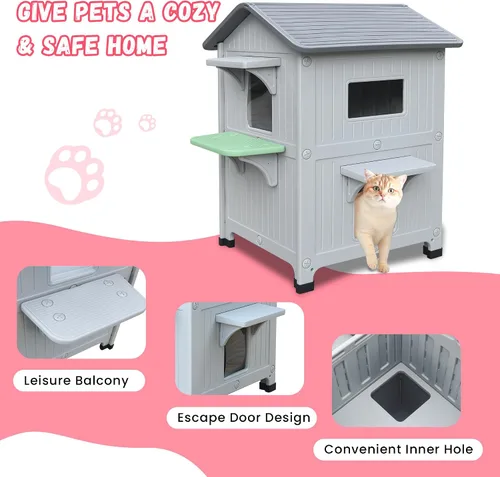 Miniatura 8 de Casa de plástico para gatos al aire libre – Casa para gatos para exteriores con forro aislante para invierno, 100% resistente a la intemperie