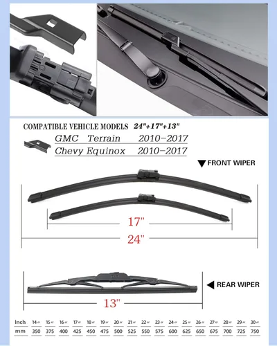 Miniatura 8 de Juego de 3 limpiaparabrisas de repuesto para GMC Terrain Chevy Equinox 2010-2017, 24 + 17 + 13 pulgadas (juego de 3)