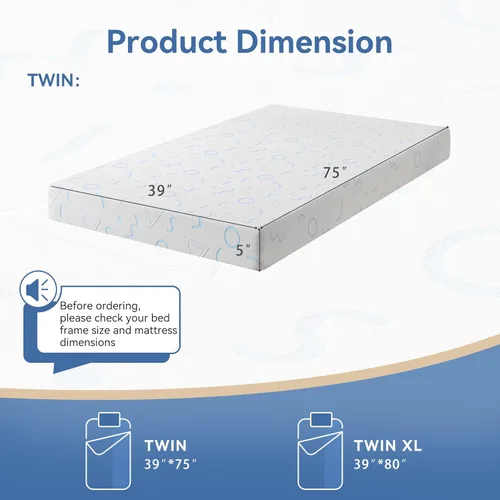 Miniatura 2 de Colchón individual de 5 pulgadas para niños, colchón de espuma viscoelástica de gel para un sueño fresco, firmeza media para aliviar la presión, sin