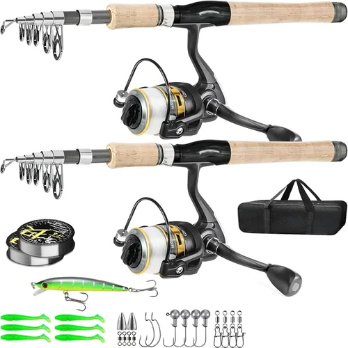 Combo de caña de pescar de 2 piezas, caña de pescar de fibra de carbono, 12 +1 rodamientos blindados de acero inoxidable BB Spinning Carretes de