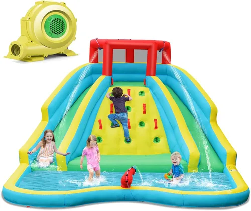 KOTEK Tobogán acuático inflable, parque acuático gigante inflable con piscina grande para salpicaduras, 2 toboganes, pared de escalada y manguera de