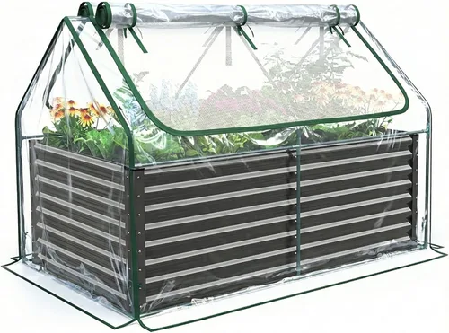 Miniatura 10 de Quictent juego de cama de cultivo elevada y galvanizada con cubierta de metal, con 2 ventanas, pequeño invernadero, con 20 etiquetas y guantes