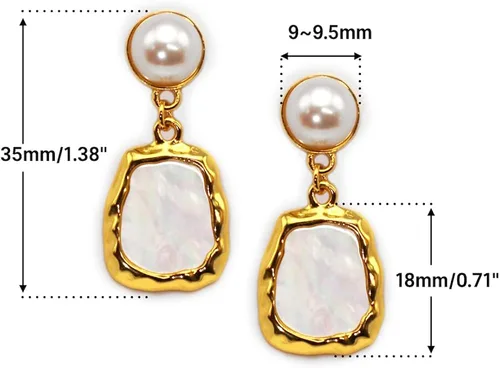 Miniatura 6 de Aretes colgantes de plata de ley 925 chapados en oro de 24 quilates de 9 a 0.374in con botón cultivado en agua dulce blanca y nácar para mujer