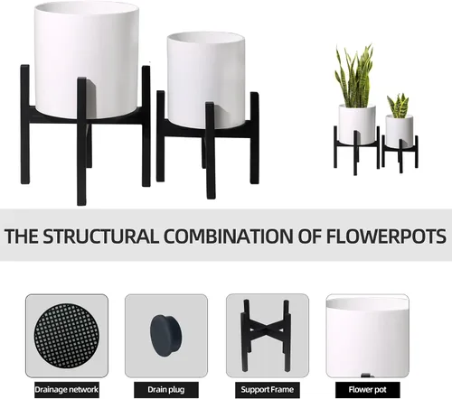 Miniatura 4 de Juego de 2 macetas con soportes, macetas de mediados de siglo para plantas de interior, macetas decorativas modernas para flores para balcón, Blanco