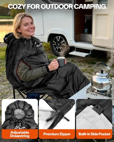 Miniatura 4 de Sportneer Saco de dormir portátil para adultos y niños - Caminable con cremalleras en los brazos, clima cálido e impermeable frío, compacto