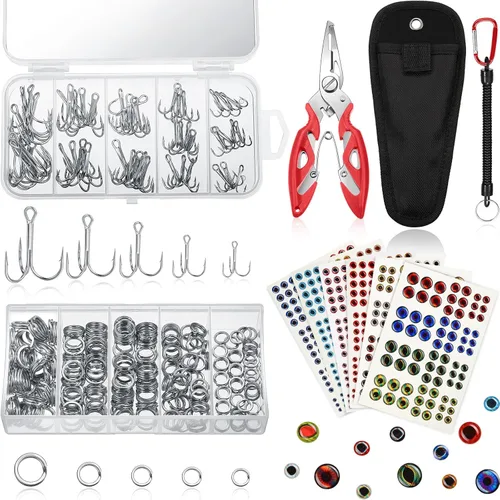 Miniatura 10 de Skylety 200 anillos divididos de acero inoxidable para pesca, 50 ganchos agudos, conector de aparejos de señuelo, alicates de pesca, cordón de Azul