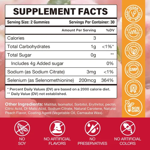 Miniatura 2 de Suplemento de selenio para gomitas de apoyo tiroideo de 200 mcg como refuerzo de energía para mujeres y hombres, sabor melocotón