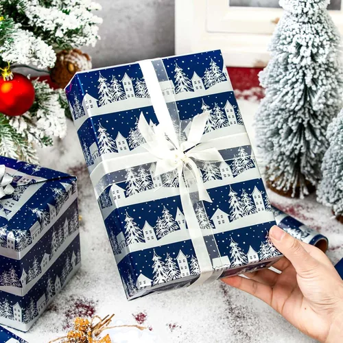 Miniatura 6 de MAYPLUSS Rollo de papel de regalo de Navidad, papel de regalo de 17 pulgadas x 16.5 pies con casa de árbol de Navidad azul marino copo de nieve