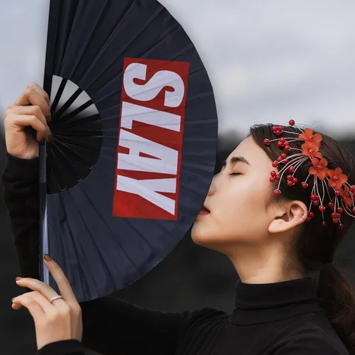 Miniatura 4 de Abanico plegable grande para rave, ventilador chino de Kung Fu Tai Chi para hombres y mujeres, festivales de boda, decoración de fiesta de Negro