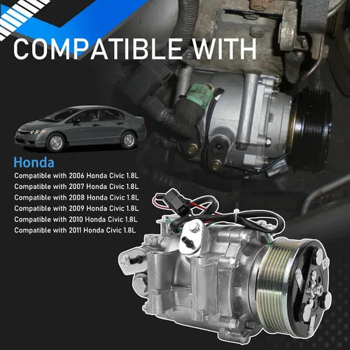 Miniatura 2 de Compresor de aire acondicionado para auto compatible con Honda Civic 2006 2007 2008 2009 2010 2011 1.8L Compresor de aire acondicionado con embrague