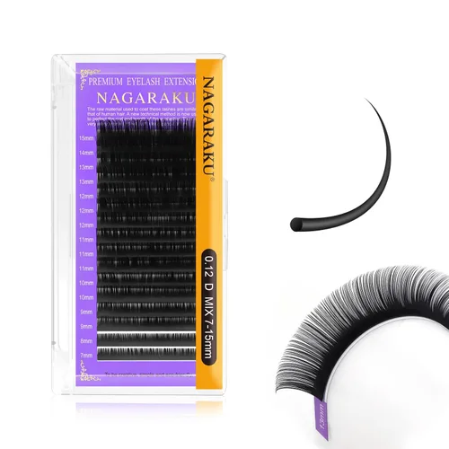 Miniatura 195 de NAGARAKU Extensiones de pestañas, pestañas individuales, 0.05mm, rizo D, 15mm, clásico, negro mate, suave, natural, profesional, 16 filas, 0.05-D