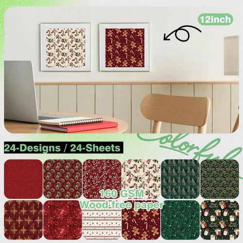 Miniatura 5 de Papel para álbum de recortes de Navidad 12 x 12 - Juego de 24 hojas de papel con patrón de Navidad e impresión por ambas caras, papel decorativo