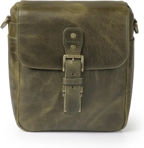 Miniatura 11 de Bolso bandolera para cámara de piel auténtica MegaGear, para cámaras mirrorless, dispositivo electrónico portátil Caqui Verde
