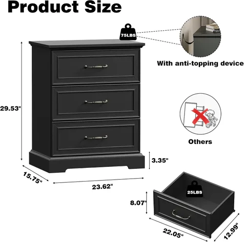 Miniatura 2 de Cómoda rústica de 3 cajones para dormitorio, cómoda moderna de 24 pulgadas de ancho con cajones profundos y asas de barra, mesita de noche de madera