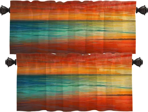 Miniatura 26 de Shrahala Beige and Orange Abstract Art Brushstrokes Blackout Curtain Tiers, Abstract Oil Paint Kitchen Valance Light Blocking Tier Drapes with Rod
