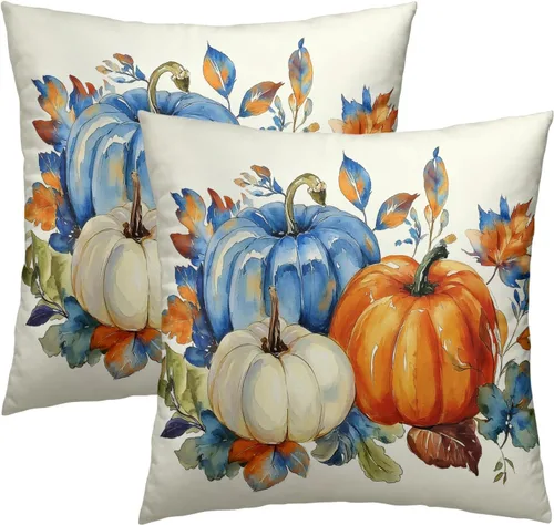 Miniatura 29 de Giwawa Juego de 2 fundas de almohada de calabaza otoñal de 16 x 16 pulgadas, fundas de cojín de algodón de madera de girasol para sofá, patio