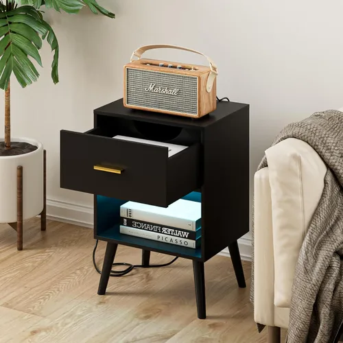 Miniatura 4 de Aienvey Mesita de noche con estación de carga y luces LED, mesa auxiliar pequeña, mesita de noche con cajón, mesita de noche moderna, mesa auxiliar