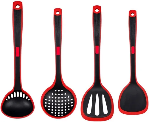 Juego de utensilios de cocina, juego de utensilios de cocina de silicona, espátula, pala, cuchara, colador, utensilios de cocina, negro, rojo,