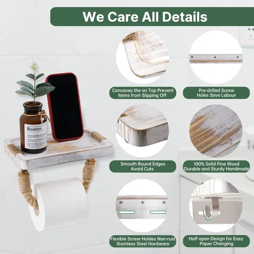Miniatura 2 de Soporte de papel higiénico de granja, cuerda costera de playa, decoración de baño, toallero de madera rústica, soporte de pared, soporte de rollo