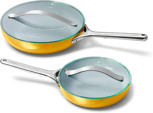 Miniatura 25 de Caraway Dúo de Sartenes de Cerámica con Tapas de Vidrio - Sartenes Antiadherentes (10.5" y 8") - No Tóxico, Libre de PTFE y PFOA - Apto para Horno