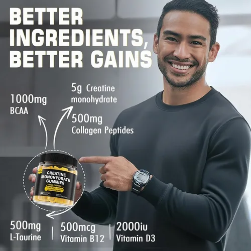 Miniatura 6 de EnvyCure Gomitas de monohidrato de creatina para hombres y mujeres, con BCAA, péptidos de colágeno, L-taurina, vitamina B12, D3, monohidrato