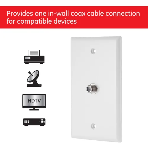 Miniatura 2 de GE Placa coaxial, 1 puerto, una conexión tipo F montada en la pared para cable coaxial, tornillos incluidos, una sola banda, blanco, 40050