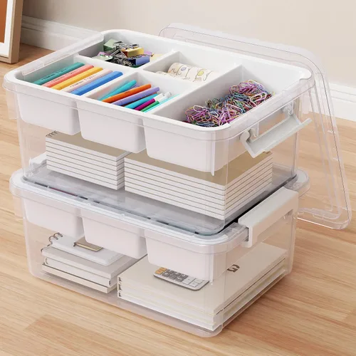 Miniatura 12 de Contenedores de almacenamiento apilables de 40 cuartos con tapas y bandejas, cajas de plástico transparente con separadores, contenedores portátiles