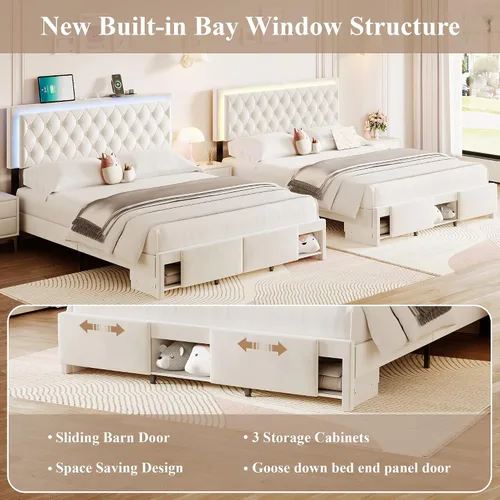 Miniatura 3 de Base de cama tamaño matrimonial con cabecera capitoné con botones, base de cama tapizada con luces LED, estación de carga, almacenamiento