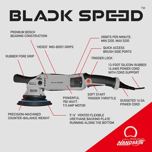 Miniatura 6 de Nanoskin Black Speed 15mm Long-Throw Random Orbital Polisher - 750W, 7.5-Amp Motor, BOSCH™ Bearing Construction, Vented Flexible Backing Plate For