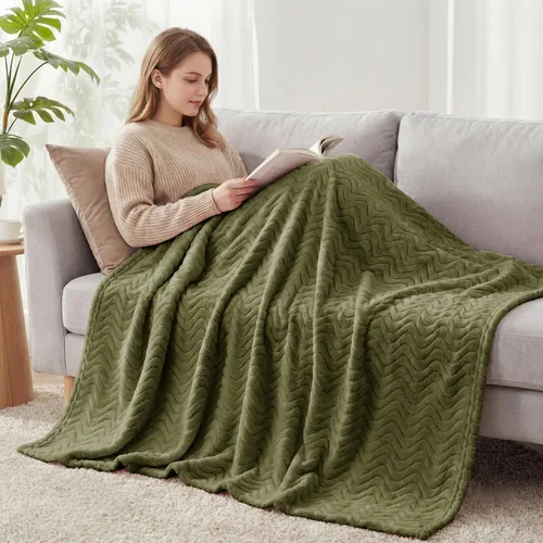 Miniatura 6 de Exclusivo Mezcla - Manta para sofá con textura ondulada decorativa, mantas de vellón ligeras y acogedoras, adecuadas para invierno, verde oliva, 50