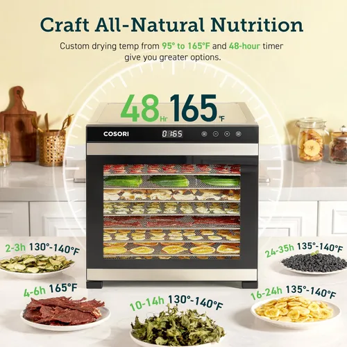 Miniatura 5 de COSORI Deshidratador de alimentos para carne seca, 10 bandejas, espacio de secado de 16.2 pies cuadrados, control de temperatura de 165 °F, Plateado